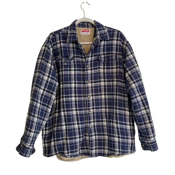 Y2K Wrangler Blue White Plaid Cotton Sherpa Lined Button Down Shacket Sz Large - Picture 10 of 16